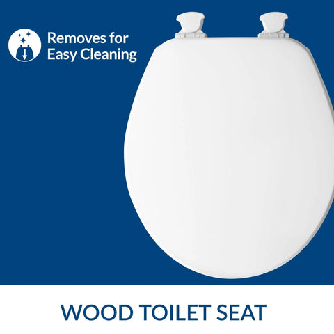 Image of round white toilet seat with Easy Clean Release Hinges Toilet Seat With Quick Release For Deep Cleaning.