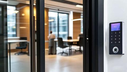 All In One Door Access System Kit With Fingerprint, RFID Card And Password Entry installed on office door