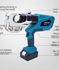 Heavy Duty Electric Hydraulic Crimping Pliers Rechargeable Battery 360 Rotating Head Pro Grade Tool close-up view with labeled features.