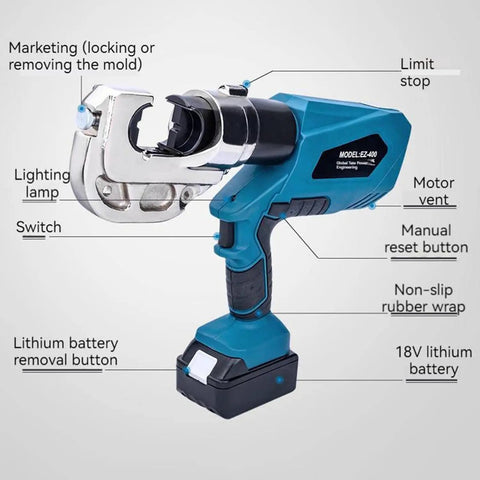 Heavy Duty Electric Hydraulic Crimping Pliers Rechargeable Battery 360 Rotating Head Pro Grade Tool close-up view with labeled features.