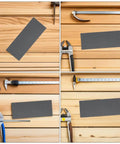 Rock Solid 21 Piece Grit Emery Sandpaper Sheets Perfect For Automotive Refinishing And Metal Work With Wet Dry Versatility To Reduce Dust Fast And Make Your Car Look Sharp on a wooden surface with tools.