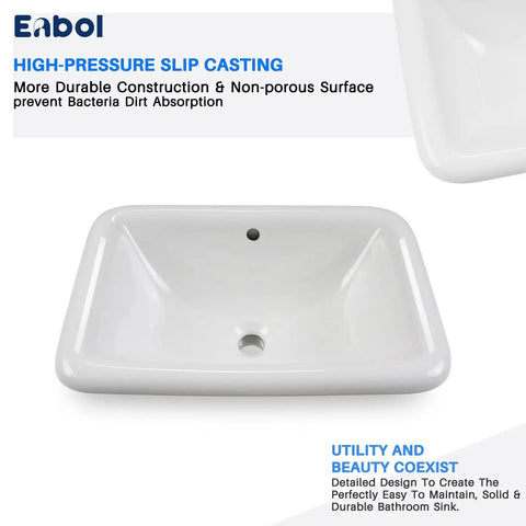22 Inch By 15 Inch Drop In Ceramic Bathroom Sink White Rectangle Vessel Style With Overflow No Fuss Easy Clean Semi Recessed Mount Vitreous China Smooth Glazed Finish