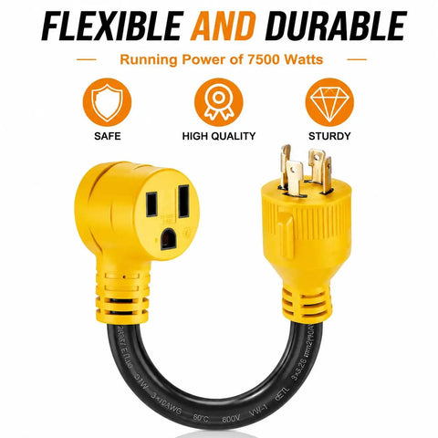 Heavy Duty Generator To Welder Adapter Cord With Nema L14-30p Male To Nema 6-50r Female Plug 1.5 Ft Badass 10 Awg Copper Wiring 30 Amp 250 Volt No Hassle Dryer Drop, yellow plug views.