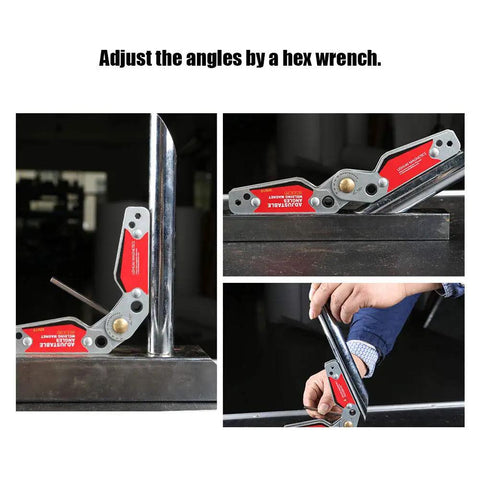 Heavy Duty Magnetic Welding Holder features adjustable corners, clear scale display, and use of a hex wrench for angle adjustments.