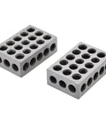 Angled front view of Mitoharet 1x2x3 machinist blocks, 23-hole matched pair, silver metal, 2-pack