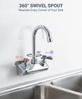 Real Deal Commercial Wall Mount Kitchen Faucet Featuring A Smooth 360 Degree Swivel Gooseneck Spout With Stainless Steel Finish For Restaurant Crews And No Fuss Heavy Duty Sink Cleanup, showing faucet controls and spout.
