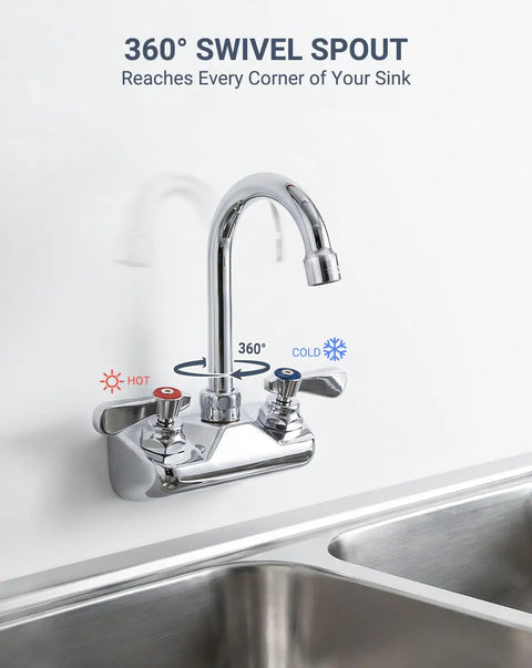 Real Deal Commercial Wall Mount Kitchen Faucet Featuring A Smooth 360 Degree Swivel Gooseneck Spout With Stainless Steel Finish For Restaurant Crews And No Fuss Heavy Duty Sink Cleanup, showing faucet controls and spout.