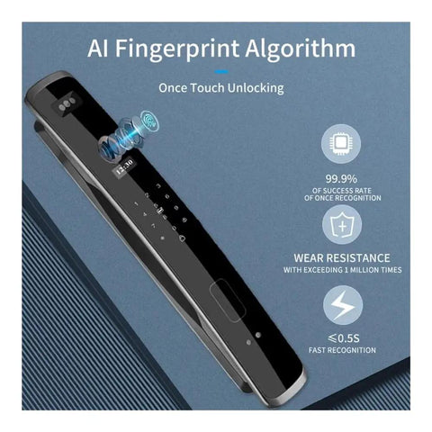 Built Tight Smart Door Lock Featuring Fast Swipe Fingerprint Sensor And Reliable 3D Facial Match For Smooth Wifi App Setup Plus Tough Keypad Access for once touch unlocking interface.