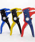 Heavy Duty Automatic Wire Stripper And Cutter With Eagle Nose Pliers Adjustable Electrical Cable Tool For Professional Electricians Fast Precise Stripping 2-In-1 Design In Red Finish Durable Grip, featuring blue, yellow, and red color options.