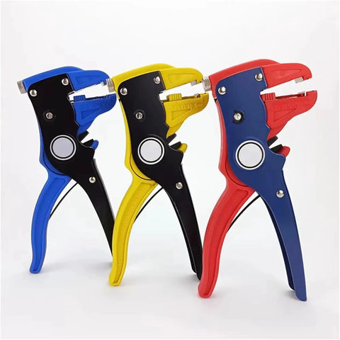 Heavy Duty Automatic Wire Stripper And Cutter With Eagle Nose Pliers Adjustable Electrical Cable Tool For Professional Electricians Fast Precise Stripping 2-In-1 Design In Red Finish Durable Grip, featuring blue, yellow, and red color options.