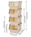 4 Pack Stacking Storage Baskets Featuring Open Front Design Effortless Grab and Go Beige Home Organization Essentials No Cap Your Pantry Will Thank You For This Clean Sweep Setup 11X13.8X8.7 stacked vertically with dimensions shown.