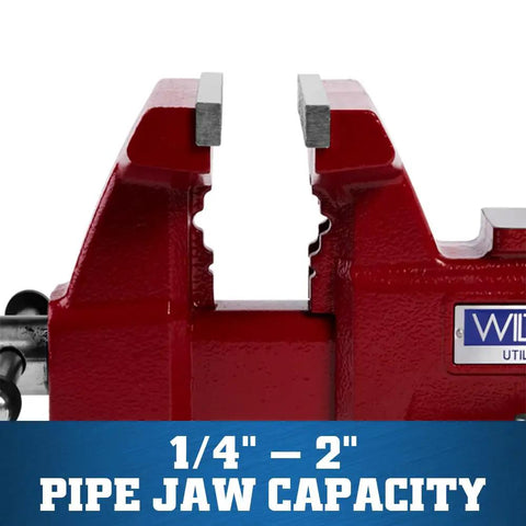 Beefy Utility Bench Vise With 6-1/2 Inch Jaw Width, 6 Inch Opening, 4 Inch Throat, 360 Degree Swivel Base, Dual Lock-Downs, Serrated Hardened Jaws, Built-In Pipe Jaws, And Large Anvil Work Surface For Pro Shop Tasks, red bench vise pipe jaws