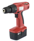 Job Site Ready 18V Cordless Power Drill With Keyless Chuck And Zero Hassle 16 Torque Clutch For Home Office Or Automotive Work Includes Battery Charger Bundle, red handheld drill viewed from the side.
