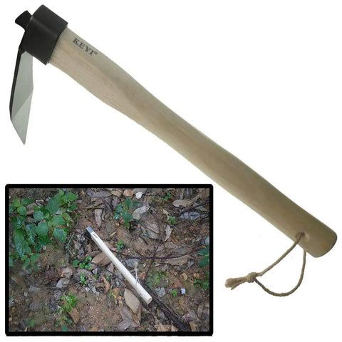 Carbon Steel Hand Mattock Pick For Gardening And Farming with wooden handle and forged blade, shown with soil and plants.