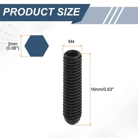 Product diagram of Five Pack M4 x 16mm Ball Plungers With Hex Socket High Carbon Steel, showcasing dimensions and black finish.