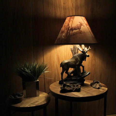 Wildlife Moose Table Lamp With A 12 Inch Forest Print Lampshade For Living Rooms Cabins And Bedrooms Delivers Cozy Warm Glow
