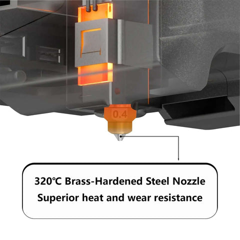 Close-up of a 0.4mm brass-hardened steel nozzle installed in a 3D printer, labeled as 320°C with superior heat and wear resistance.
