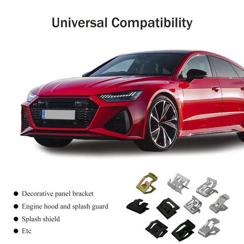 Red car showcasing 100 Pcs 10 Sizes Auto Car U Clip Metal Trim Panel Spring Clips Moulding Clip Kit Replacement for Most Cars
