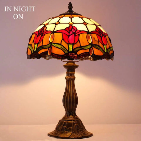 Tiffany Style Stained Glass Tulip Table Lamp For Bedroom And Living Room, Killer Bedside Reading Desk Light, 12 Inch Shade, 18 Inch Tall