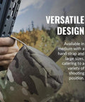 Support Bag For Shooting Rest Large Canister 500D Durable Construction in Multicam held with hand strap outdoors