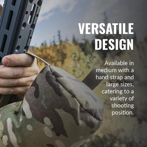 Support Bag For Shooting Rest Large Canister 500D Durable Construction in Multicam held with hand strap outdoors
