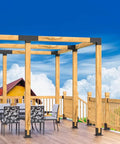 Wood pergola with Post And Beam T Bracket Set For 4x4 Lumber Pergola Kit Heavy Duty Outdoor Hardware, gazebo in background.