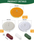 Top Shelf Eight Inch Buffing Polish Wheel Kit For Bench Grinders With Half Inch Arbor features 8in cotton and flannel wheels with compound bars.