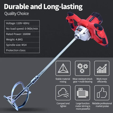 1600W Electric Concrete Mixer With Dual Ergonomic Handles, 6-Speed Adjustable; features red handles, silver shaft with blade.
