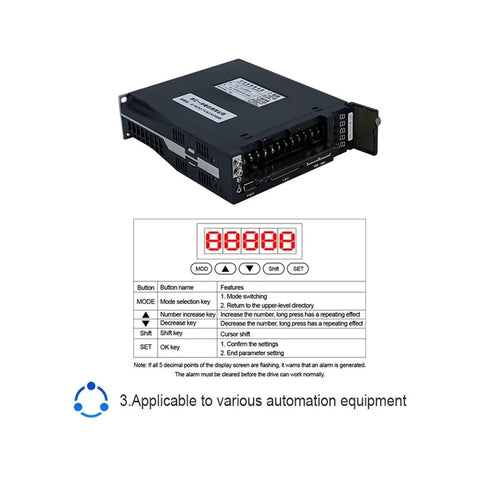 Angled front view of a black servo drive module with terminal block and red LED display