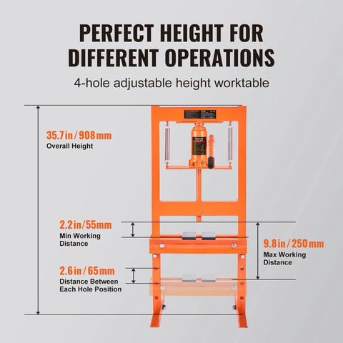 Heavy Duty 6 Ton H-Frame Hydraulic Shop Press For Garage Use Adjustable Strength with height adjustments for auto repair.