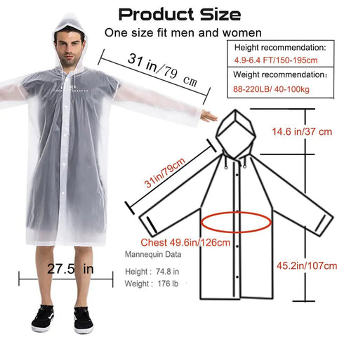 Two Pack Reusable EVA Rain Ponchos For Adults Stay Dry In Any Downpour Lightweight Waterproof Rain Gear with size chart