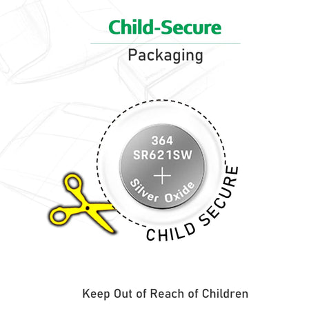 Heavy Hitter SR621SW Watch Batteries, Top Shelf 20 Pack 1.5V Silver Oxide Cells Child-Secure Packaging with scissors.