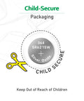 Child-secure packaging for 10 Pack SR621SW 364 Watch Battery Silver Oxide Button Cell 1.55V with safety scissors graphic.