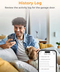 Man using app on phone with History Log for Smart WiFi Garage Door Opener With App Control And Voice Compatibility for Alexa and Google Home No Hub Needed Open Close Check Status From Anywhere Today, showing activity log.