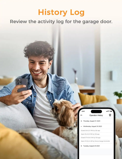 Man using app on phone with History Log for Smart WiFi Garage Door Opener With App Control And Voice Compatibility for Alexa and Google Home No Hub Needed Open Close Check Status From Anywhere Today, showing activity log.