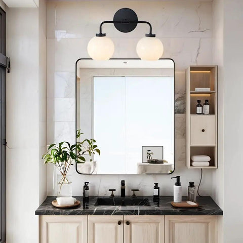 Double Glass Globe Wall Sconce, 17 Inch Sleek Modern Design In Matte Black over vanity mirror, hand-polished milk glass, steel frame