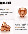 Drag Shield 40A For Miller Spectrum 625 X-Treme Plasma Cutter XT40 Torch, copper material, 2-pack displayed with specs.