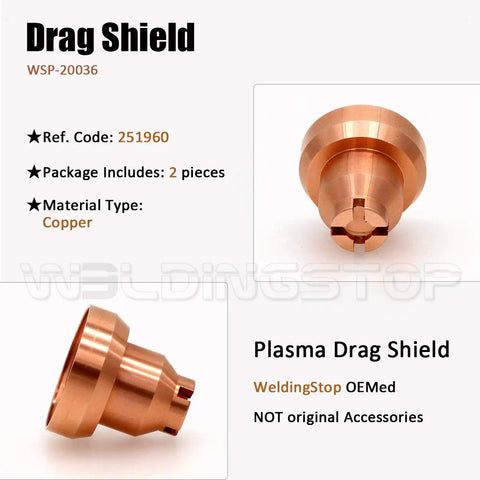 Drag Shield 40A For Miller Spectrum 625 X-Treme Plasma Cutter XT40 Torch, copper material, 2-pack displayed with specs.