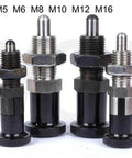 Dead Nuts Heavy Duty Indexing Plungers with Smooth Aluminum Knobs in M5, M8, M10, and M16 sizes for precision jig setups.