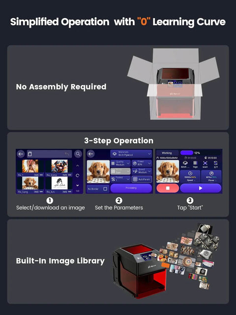 Front view of AlgoLaser 10W portable laser engraver with red/black housing and 3.5-inch touchscreen.