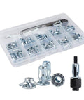 Quarter Inch Ultra Heavy Duty Threaded Insert Jack Nuts With Installation Tool Premium Rivnut Assembly Kit For Hardboard Plywood Sheet Metal No Sweat Fastening System in a clear storage case.