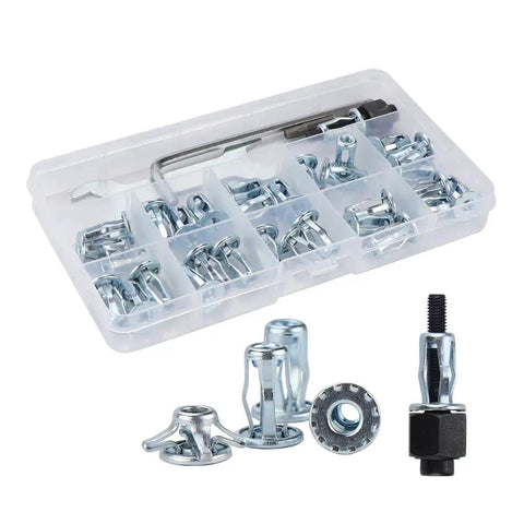 Quarter Inch Ultra Heavy Duty Threaded Insert Jack Nuts With Installation Tool Premium Rivnut Assembly Kit For Hardboard Plywood Sheet Metal No Sweat Fastening System in a clear storage case.