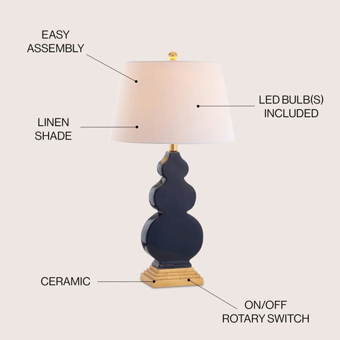 Totally Chic Navy Blue And Gold Ceramic Table Lamp With White Linen Shade, Sleek Mid Century Triple Gourd Design