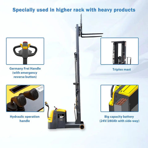 Heavy Hitter Electric Counterbalanced Stacker And Warehouse Material Lift Packing 3300 Lb Load, 177 Inch Max Height, Wide Forks, And Built Like Tank German Steel Mast