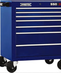 Tough As Nails Thirty Four Inch Rolling Tool Cabinet Featuring Seven Roomy Drawers In Smashed Blue Coating with smooth rolling casters.