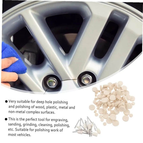 Close-up of a car wheel being polished, showing 120 Pcs Wool Polishing Wheels Set with Mandrel and Shank, ideal for tight spots.