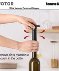 Hands using Wine Saver Vacuum Pump With Four Stoppers And Reusable Bottle Sealer Keeps Red And White Wine Fresh For Up To Ten Days