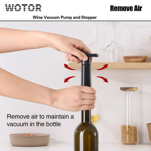 Hands using Wine Saver Vacuum Pump With Four Stoppers And Reusable Bottle Sealer Keeps Red And White Wine Fresh For Up To Ten Days