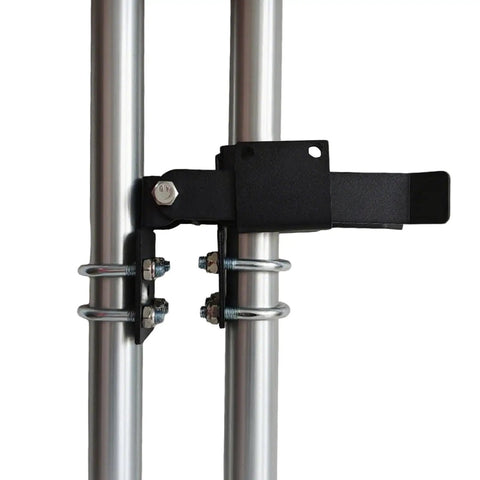 Tough As Nails Double Gate Latch Fits 1-1/4 Inch Chain Link Posts With Heavy Duty Strong Arm and Lock Down Padlock Holes on gate post.