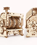Mechanical Counter Puzzle Kit For STEM Teaching And Engineering Hands On Play Three Gear Cylinders With 0 To 9 Digits Geneva Drive Records 1 To 999 educational wooden counter, front and side view